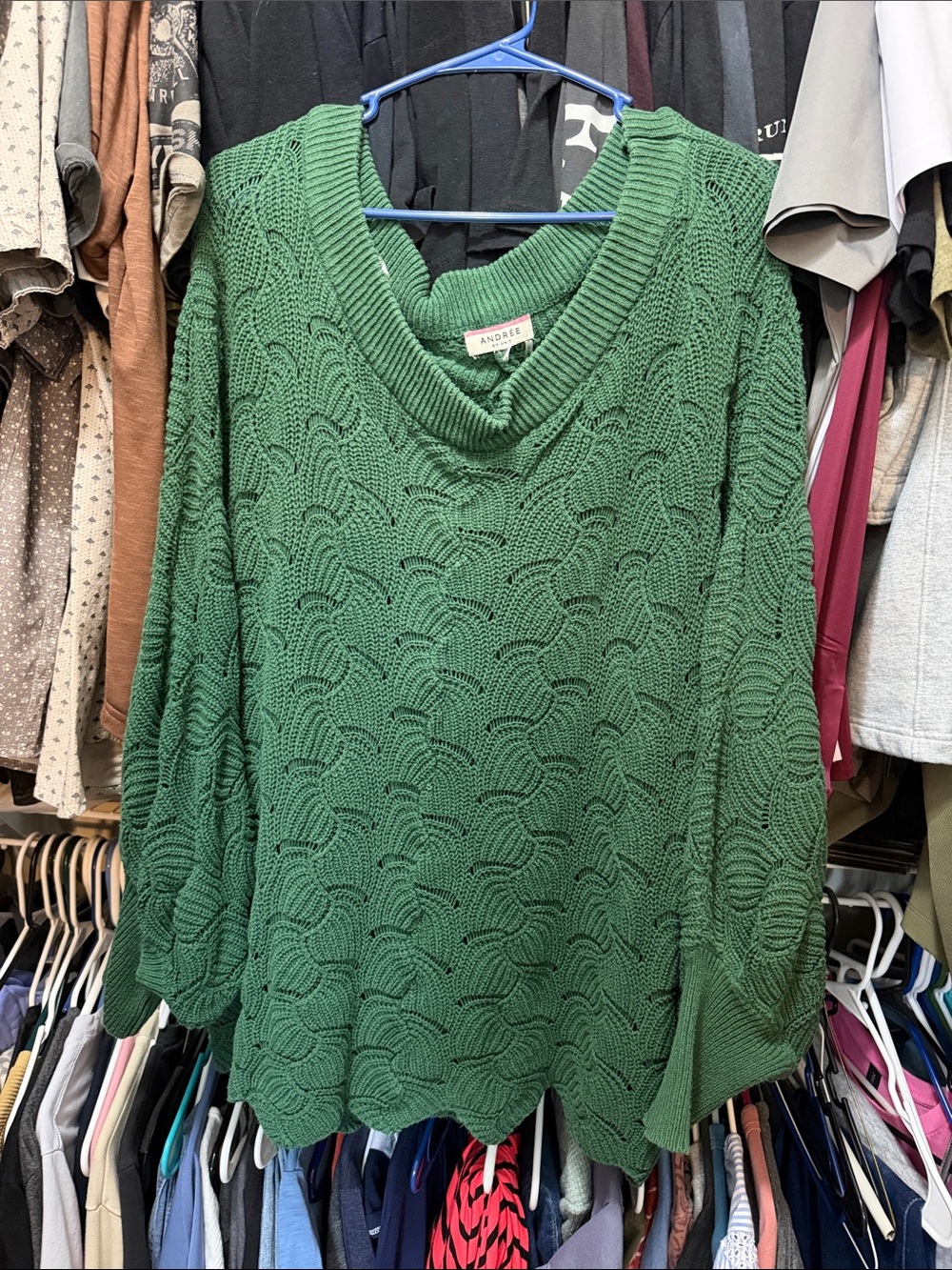 Andree Emerald Green Cable Knit Off the Shoulder Sweater